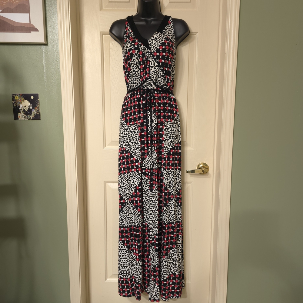 Adrianna Pappel Womens Maxi Dress Geometric Pattern V Neck Sleeveless Sz M, NWT